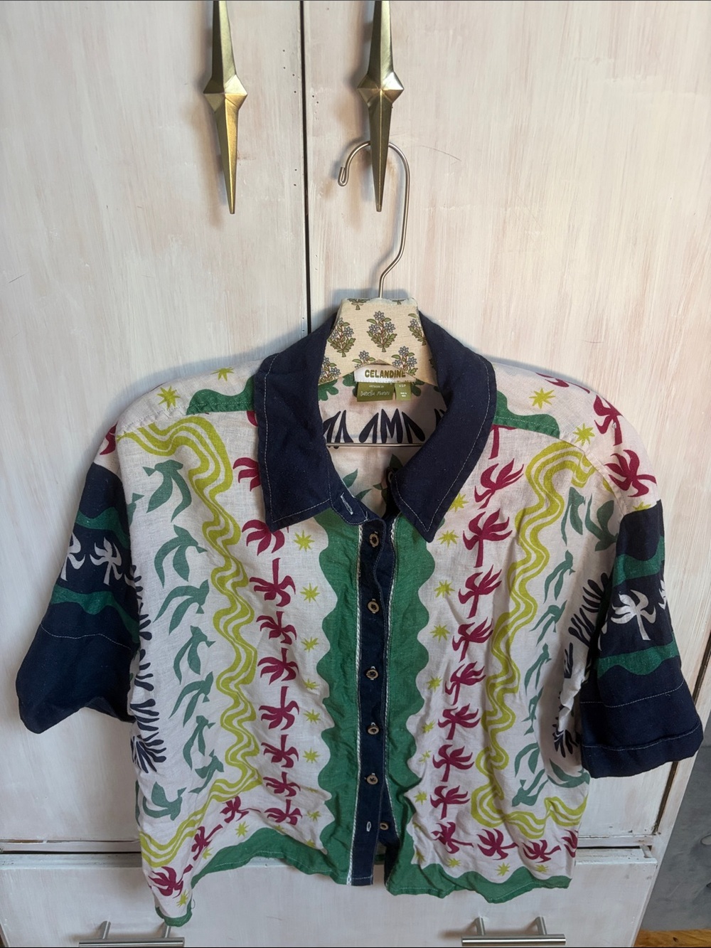 Art work top by Danella Manini Shirt with Navy Collar
